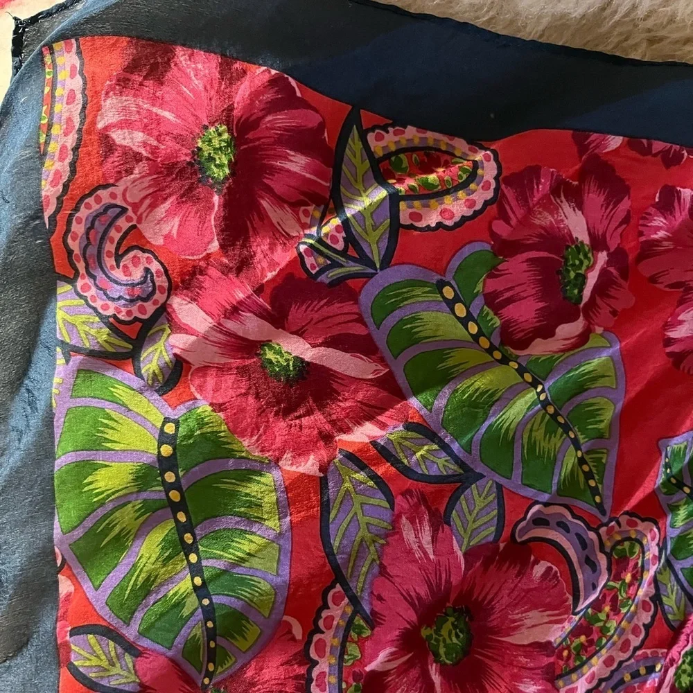 Silk Red/ Navy Hibiscus Palm Paisley Vintage Circa 80’s Scarf